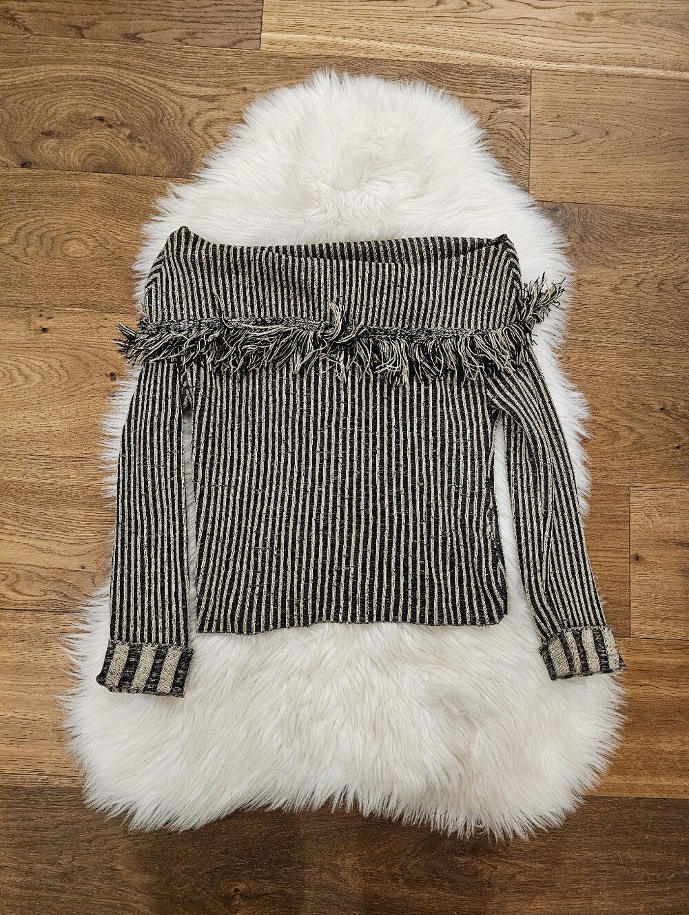 Vintage Striped Off-Shoulder Fringe Sweater - Black & Cream